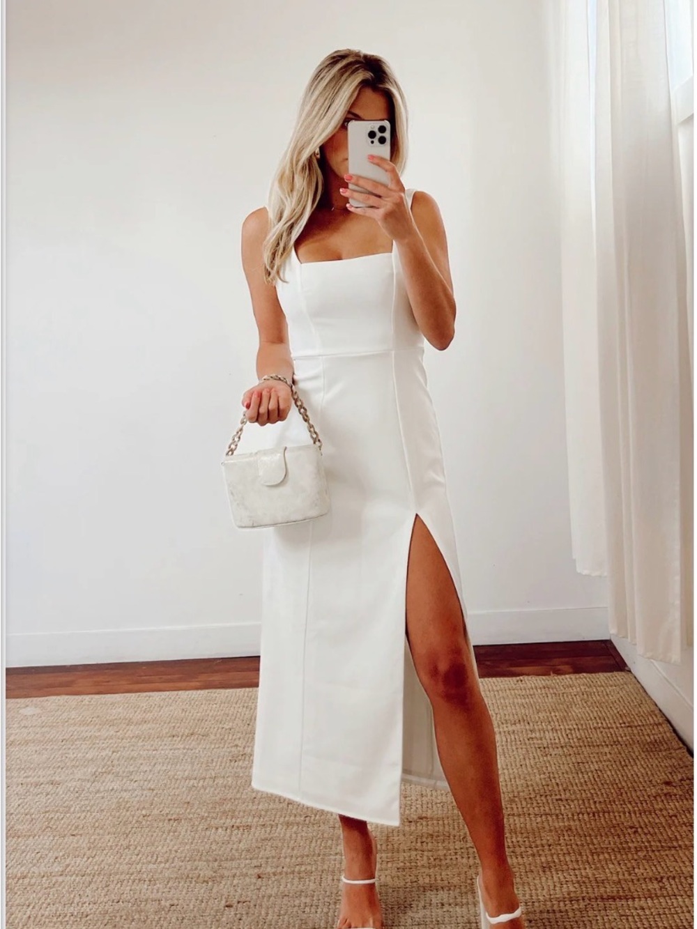 Show Me Your MuMu White Square-Neck Midi Dress with High Side Slit